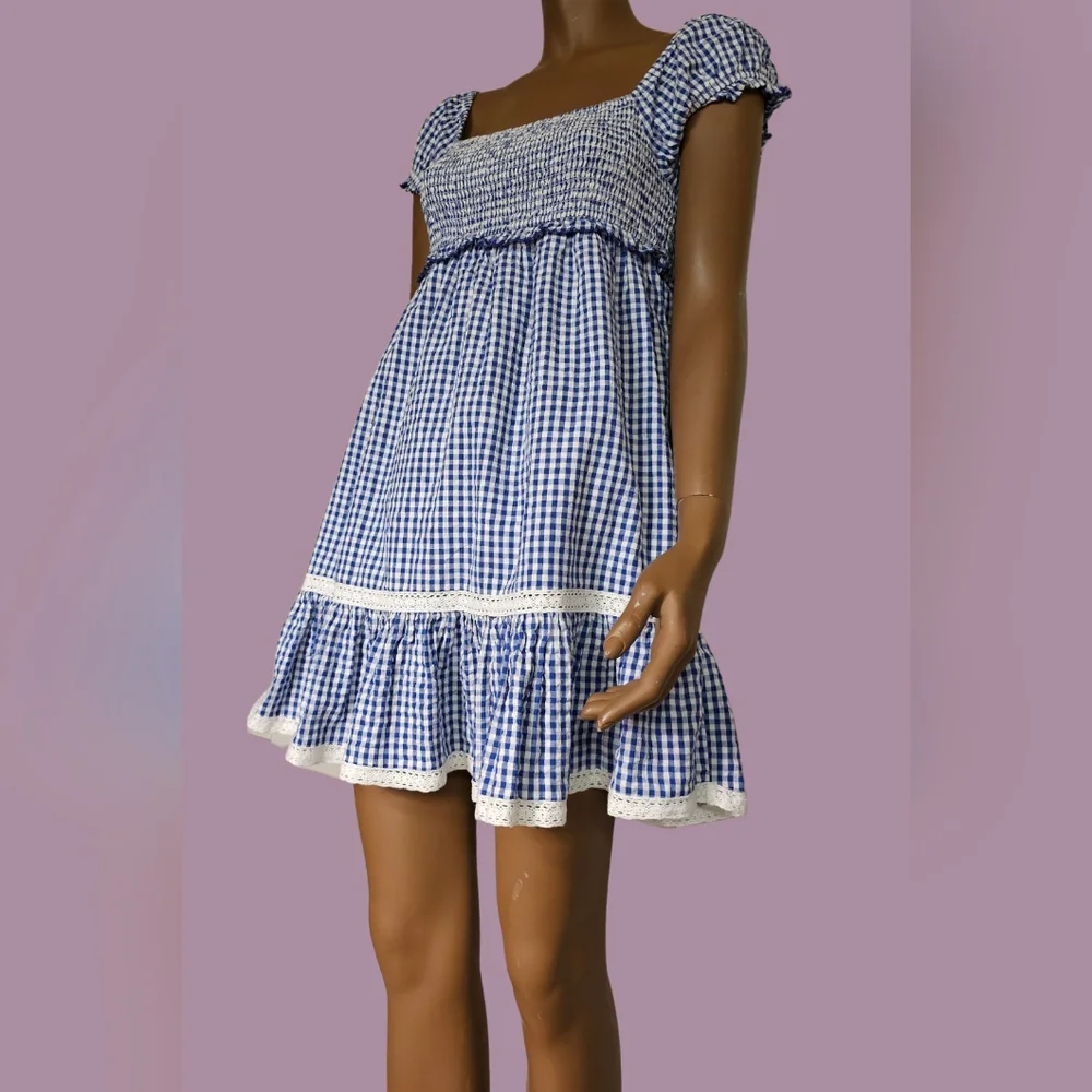 urban outfitters baby doll blue and white checkered mini dress Size S - Picture 3 of 10
